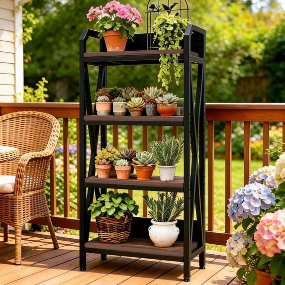 Bakers Rack, Kitchen Shelf, 4-Tier Metal and Wood Storage Shelves for Pantry, Garage, or Bathroom, 25.60" Length, Black and Brown