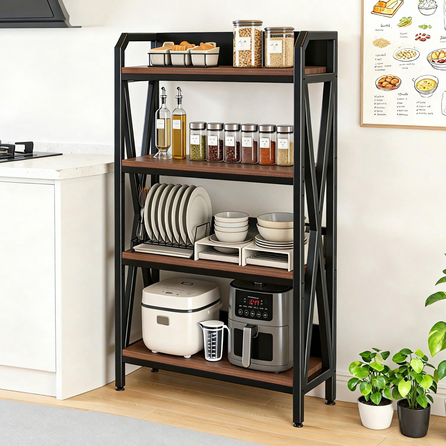 Bakers Rack, Kitchen Shelf, 4-Tier Metal and Wood Storage Shelves for Pantry, Garage, or Bathroom, 33.50" Length, Black and Brown