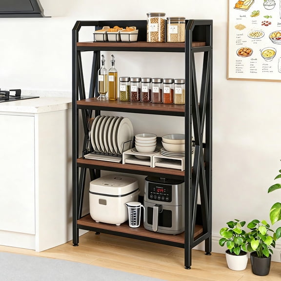 Bakers Rack, Kitchen Shelf, 4-Tier Metal and Wood Storage Shelves for Pantry, Garage, or Bathroom, 33.50" Length, Black and Brown