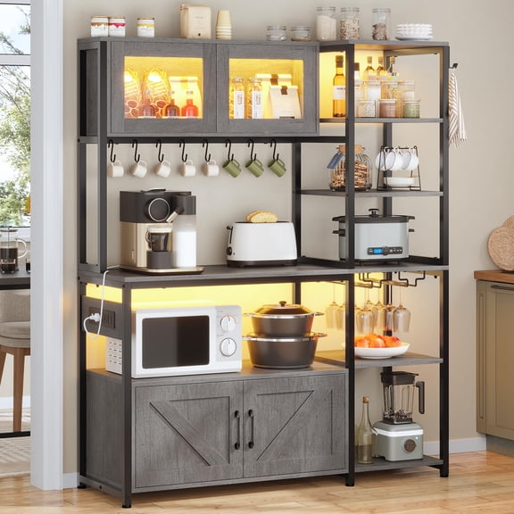 Bakers Rack for Kitchens with Charging Station & LED Lights, 6-Tier Microwave Stand with Storage Cabinets and Spacious Desktop, Coffee Bar with 8-S Hooks and Goblet Holder, Grey