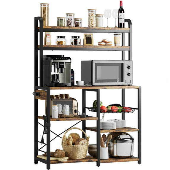 Bakers Rack for Kitchens with Storage, Microwave Stand with Power Outlet, 5 Tier Storage Shelf with Mesh Panels Kitchen Organization Shelf Rack Industrial Storage Shelf Brown