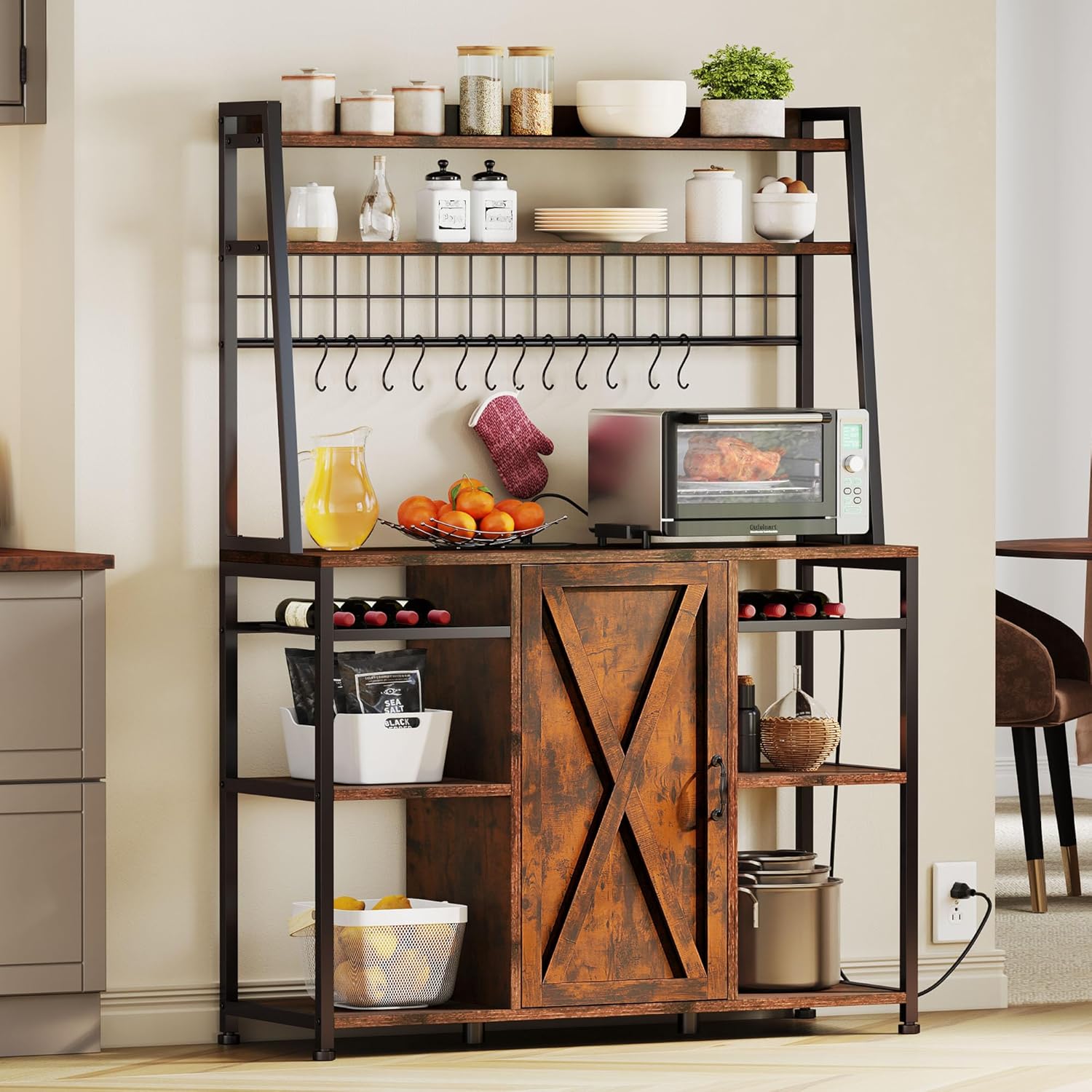Bakers Rack Microwave Stand Cabinet with Large Storage Drawer and Power ...