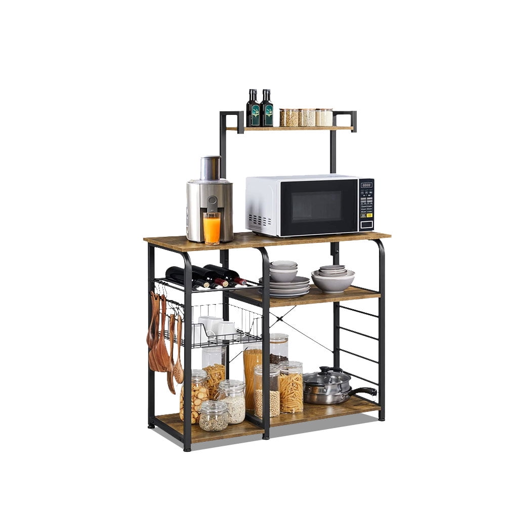 Bakers Rack, Microwave Stand Coffee Bar with Wire Basket and 10 SHooks