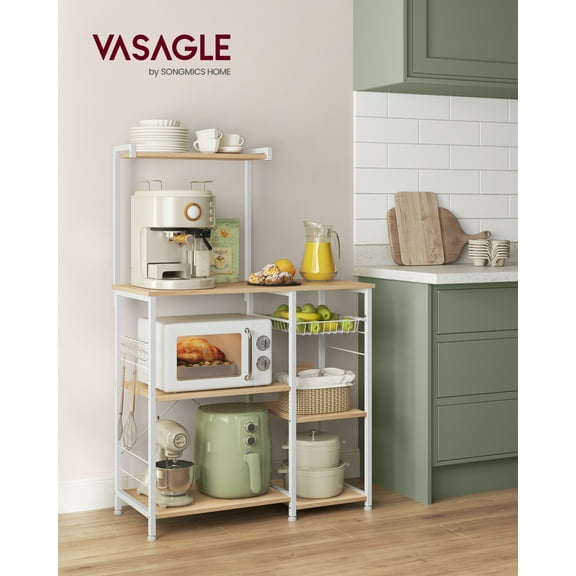 Bakers Rack, Microwave Stand, Kitchen Storage Rack with Wire Basket, 6 Hooks, and Shelves, Golden Oak and Cloud White