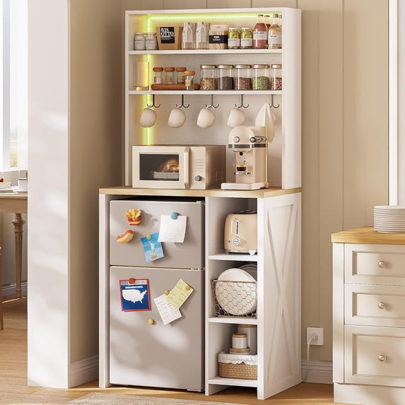 Bakers Rack with Mini Fridge Space, 69.3" Tall Microwave Stand with Power Outlets & LED Lights, 7-Tier Coffee Bar Station with 5 Hooks for for Dining Room, Living Room, White