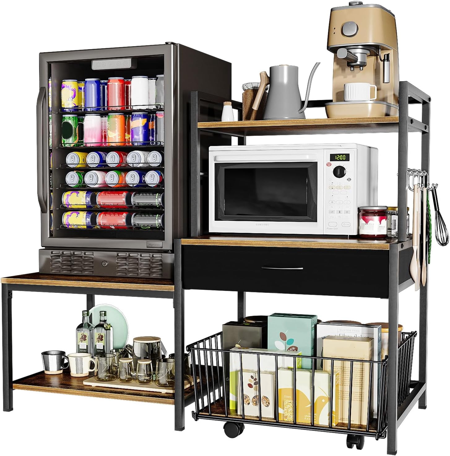 Bakers Rack with Mini Fridge Stand & Microwave Shelf – Coffee Bar with Drawer, Rolling Basket Storage & Hooks – Heavy Duty Kitchen Organizer for Apartments, Dorms & Living Rooms, Brown