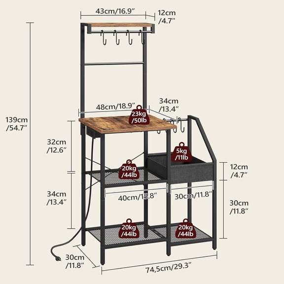 Bakers Rack, Microwave Stand with Storage, Kitchen Storage Shelf with 8 Hooks, Coffee Bar Station with Power Outlet, for Kitchen, Dining Room, Rustic Brown and Black BRHR74E01