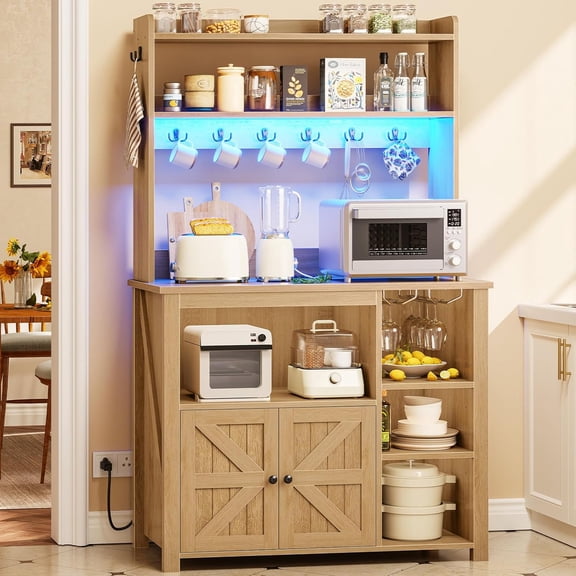 Bakers Rack with Power Outles, 6-Tier Microwave Stand with 8 Hooks and Wine Glass Holder, Farmhouse Coffee Bar Cabinet with 2-Tier Open Shelves & 2 Doors, LED Bakers Rack for Kitchen Dining Room, Oak