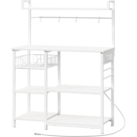 Bakers Rack with Power Outlet, 35.4 Inches Coffee Bar with Mesh Basket, Microwave Stand with 4 S-Shaped Hooks, Kitchen Bakers Rack with Storage, Easy to Assemble, White