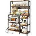 thumbnail image 1 of Bakers Rack with Power Outlet, 35.4 Inches Coffee Bar with Wire Basket, Kitchen Microwave Stand with 6 S-Shaped Hooks, Open Storage Shelves, Rustic Brown, 1 of 8