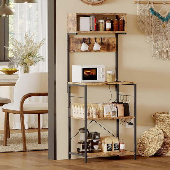 Bakers Rack with Power Outlet, 4-Tier Kitchen Storage Cart, Microwave Stand with 10 Hooks & Adjustable Shelves, Coffee Bar Station (Industrial Rustic)
