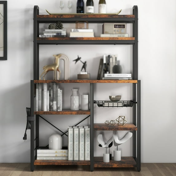 Bakers Rack with Power Outlet, 6-Tier Microwave Stand, Steel Frame, Kitchen Storage Shelf with Wire Basket and Open Shelves, Coffee Bar Station for Spices, Pots, and Pans