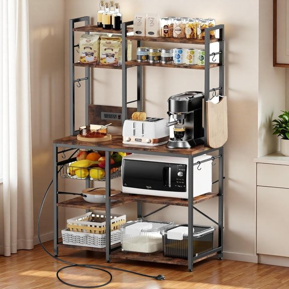 Bakers Rack with Power Outlet - 6 Tier Microwave Stand with Storage, 35.4 inches Kitchen Shelf with Wire Basket and 12 S Hooks,Coffee Bar Shelf, Adjustable Feet, Rustic Brown Cabinet