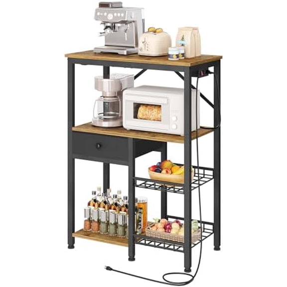Bakers Rack with Power Outlet, Coffee Bar with Storage, Microwave Stand with Non-Woven Fabric and Basket, 4 Tier Kitchen Storage Rack for Small Space, Dining Room, Rustic Brown HB09UBR