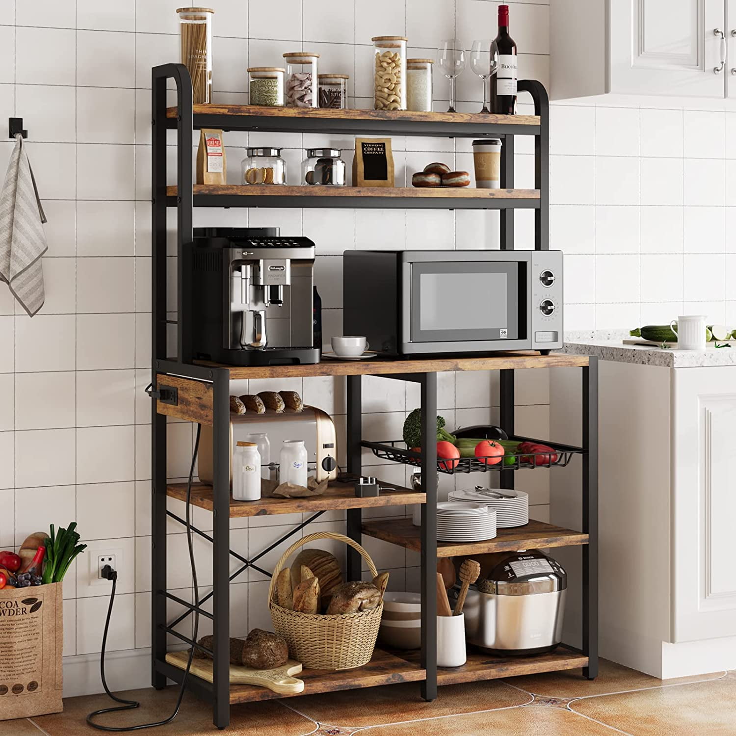 Buuffe Rack Bakers Rack with Power Outlet, Coffee Bar with Wire Drawer, Industrial ...