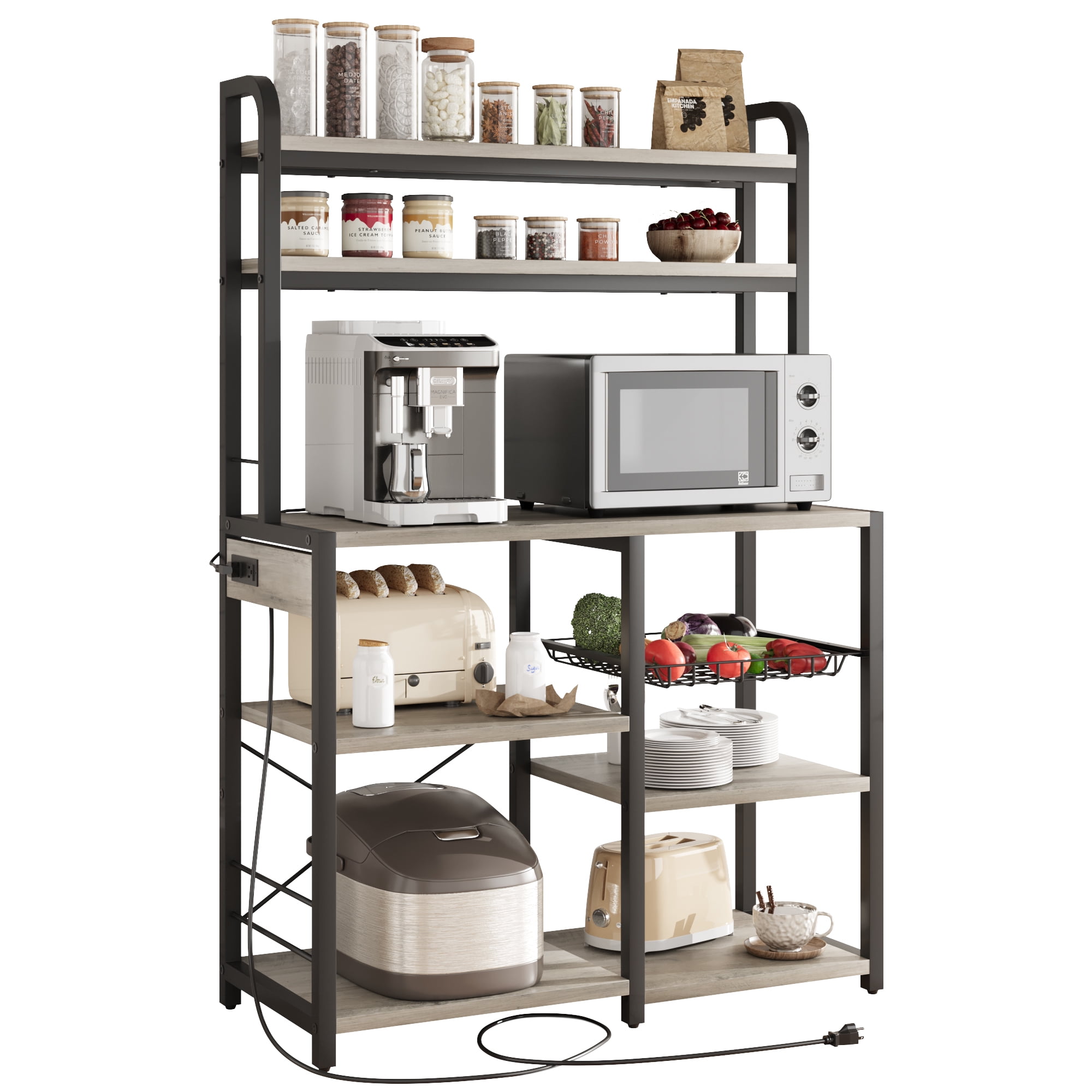 Bakers Rack with Power Outlet, Coffee Bar with Wire Drawer, Industrial ...