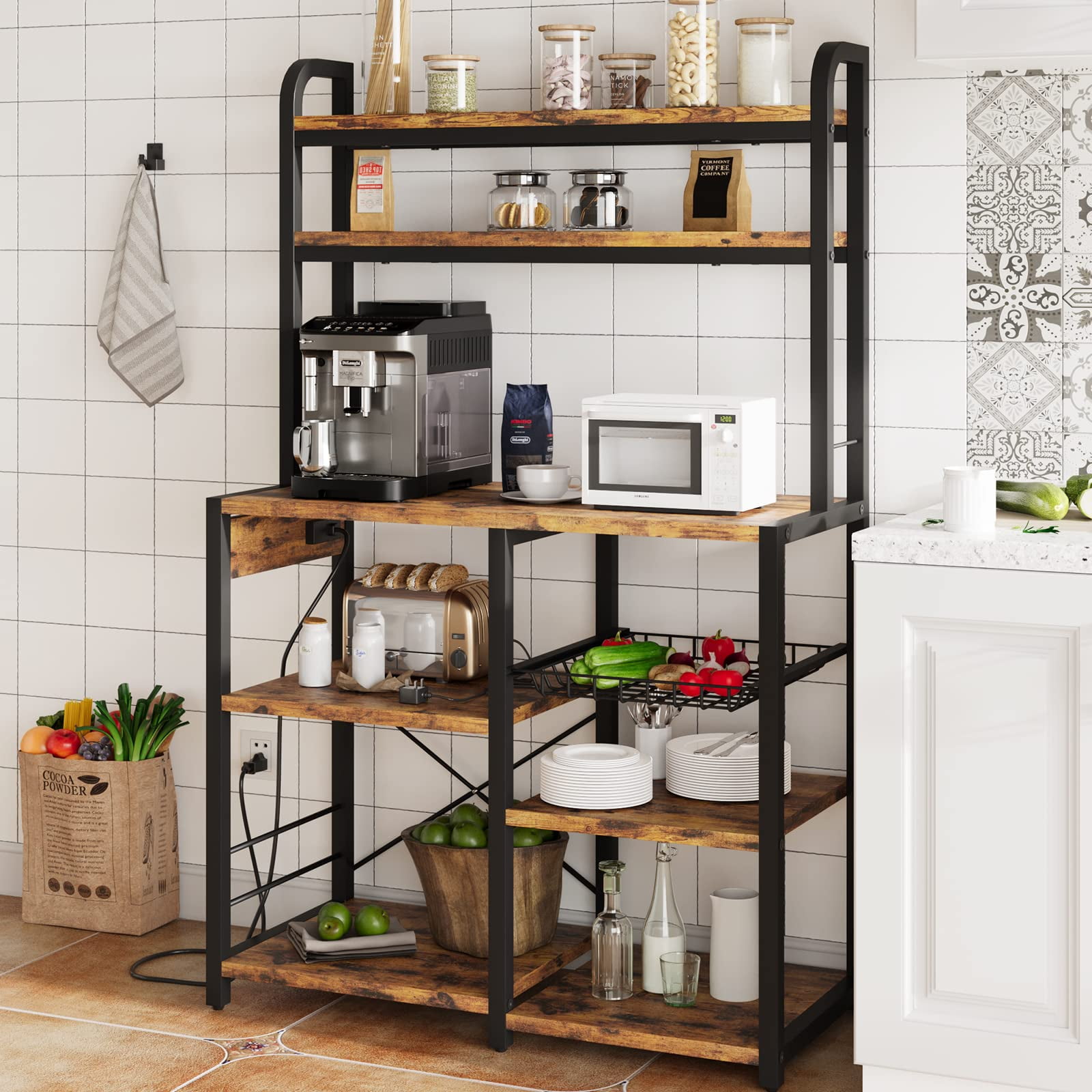 Bakers Rack with Power Outlet, Coffee Bar with Wire Drawer, Microwave ...