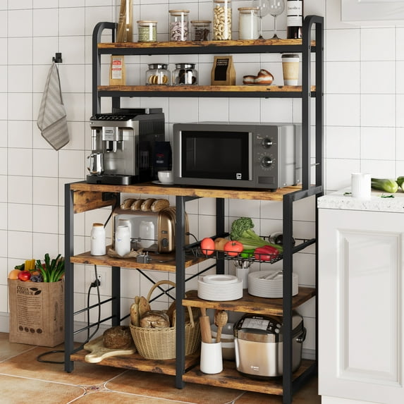 Bakers Rack with Power Outlet, Coffee Bar with Wire Drawer, Microwave Stand, Kitchen Buffet Table with Large Storage, 6-Tier Kitchen Storage Rack with Hutch for Dining, Living Room, Brown