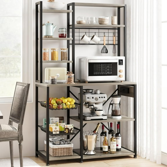 Bakers Rack with Power Outlet, Industrial Microwave Stand with 2 Wire Drawer, Large Coffee Bar Station, 7-Tier Kitchen Bakers Rack with Storage for Kitchen Spice, Pots Organizer, Rustic Brown