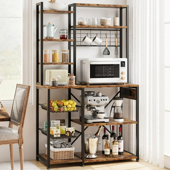 Bakers Rack with Power Outlet, Industrial Microwave Stand with 2 Wire Drawer, Large Coffee Bar Station, 7-Tier Kitchen Bakers Rack with Storage for Kitchen Spice, Pots Organizer, Rustic Brown
