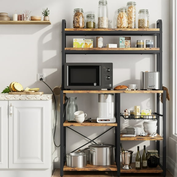 Bakers Rack with Power Outlet, Industrial Microwave Stand, Kitchen Bakers Rack with Metal Wire Drawer, 6-Tier Baker's Racks for Kitchens with Large Storage, Kitchen Buffet Table with Hutch