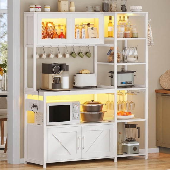 Bakers Rack with Power Outlet & LED Light, 45.3" Farmhouse Coffee Bar Cabinet, Kitchen Microwave Stand with Storage, Glass Cabinet, Goblet Holder & 8 Hooks, White