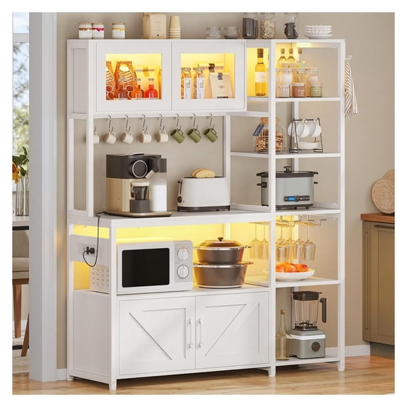 Bakers Rack with Power Outlet and LED Light, 45.3 Inch Farmhouse Coffee Bar Cabinet, Kitchen Microwave Stand with Storage, Glass Cabinet, Goblet Holder and 8 (White)