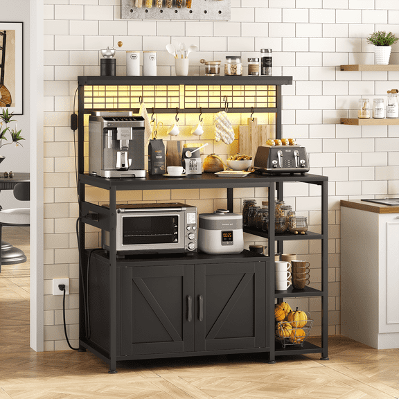 Bakers Rack with Power Outlet and LED Light, Microwave Stand with Storage Cabinet, Coffee Bar Cabinet Station with 6 Hooks for Kitchen, Dining Room, Living Room, Coffee Bar, Rustic Brown, Black