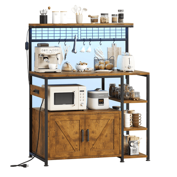 Bakers Rack with Power Outlet and LED Light, Microwave Stand with Storage Cabinet, Coffee Bar Cabinet Station with 6 Hooks for Kitchen, Dining Room, Living Room, Coffee Bar, Rustic Brown, Black