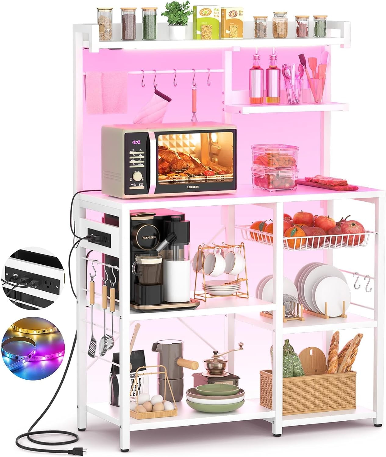 Bakers Rack with Power Outlet and LED Light Strings, Microwave Oven ...