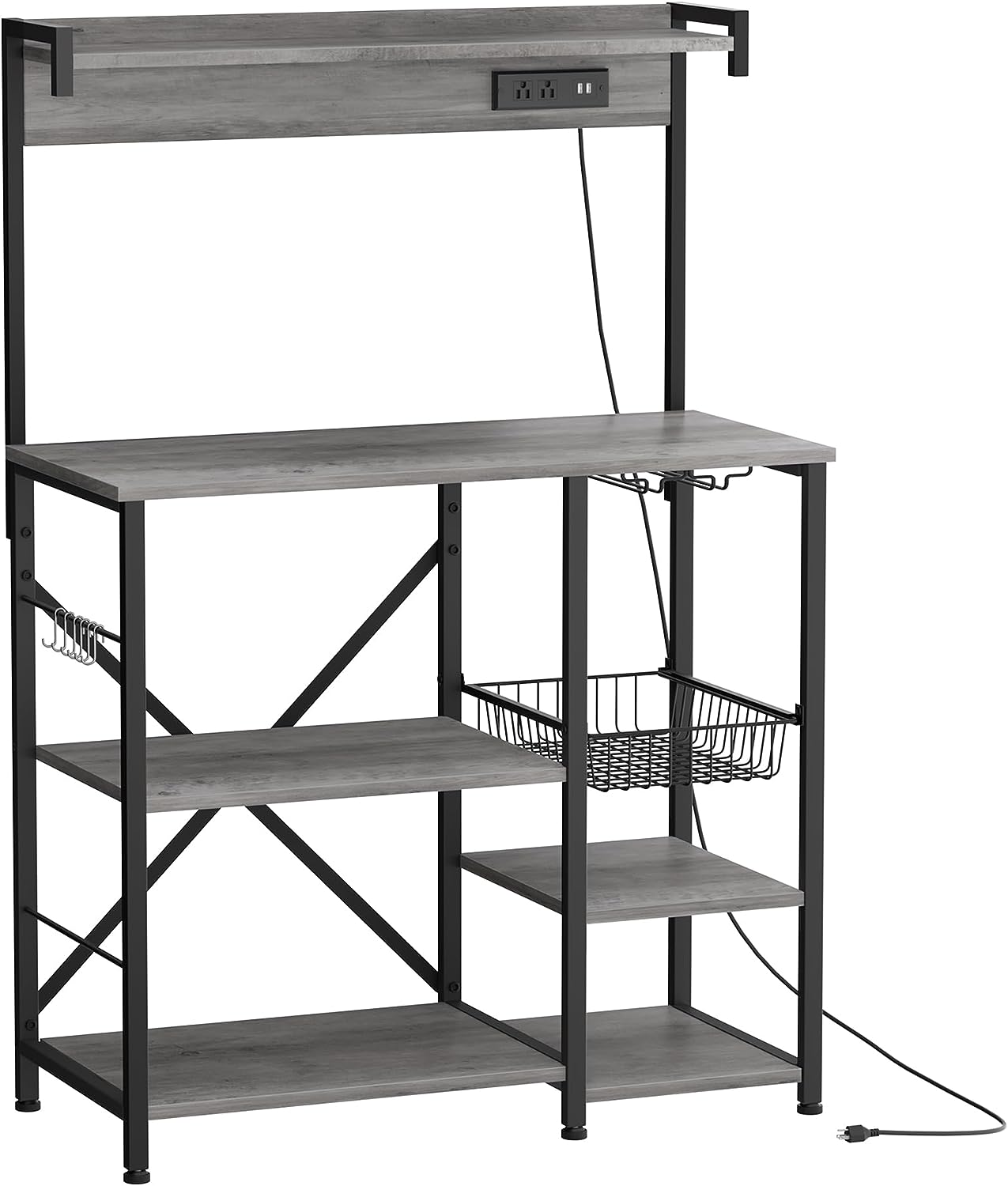 Bakers Rack with Power Outlet, Large Storage Space, 10 Hooks Coffee Bar