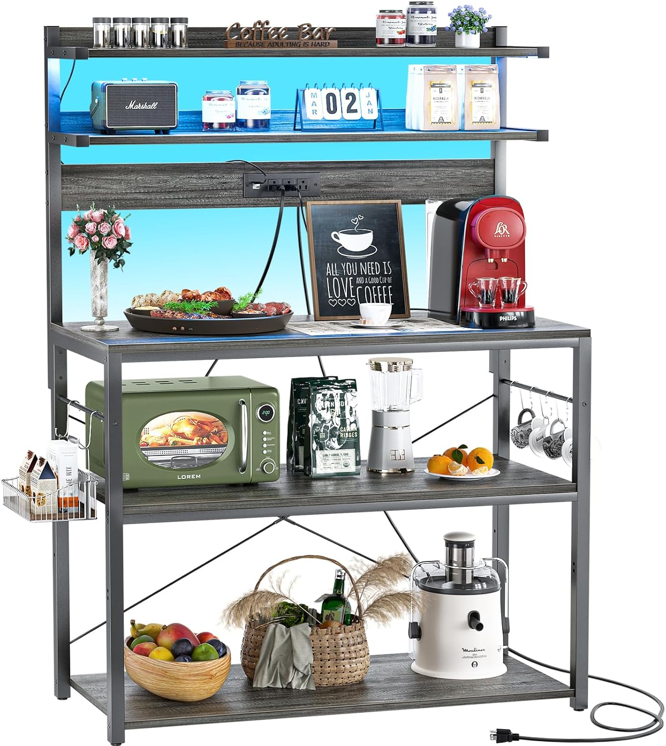 Bakers Rack with Power Outlet, Microwave Stand, 5 Tiers Coffee Bar Station with Led Lights, Kitchen Storage Shelf with 6 S-Shaped Hooks, Kitchen Rack Coffee Bar Stand, Grey Oak