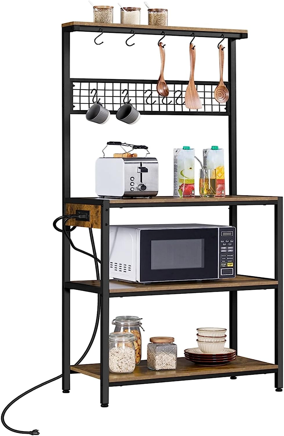 Bakers Rack with Power Outlet, Microwave Stand Coffee Bar with 10 S