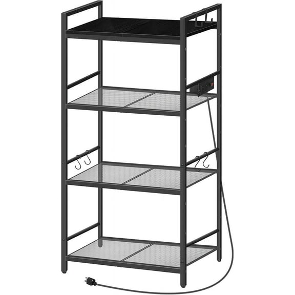 Bakers Rack with Power Outlet, Microwave Stand with Hooks, Multifunctional Storage Rack, Coffee Bar with Enclosure, Kitchen Storage Shelf, for Kitchen, Dining Room, Black BRHB40E01