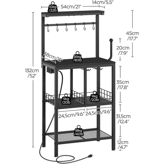 Bakers Rack with Power Outlet, Microwave Stand with Paper Holder, Coffee Bar Table with Wine Glass Holder, 4-Tier Kitchen Storage Rack for Dining Room, Living Room, Black HB02UBB