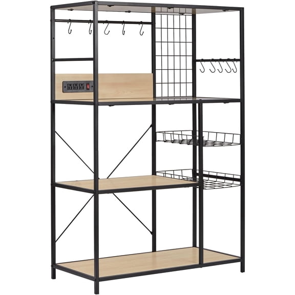 Bakers Rack with Power Outlet, Microwave Stand with Storage, Coffee Bar Organizer Cabinet with Wire Basket, Kitchen Shelf for Spices, 10 Hooks, Industrial, White Maple