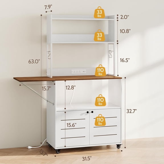 Bakers Rack with Power Outlet and Storage, Farmhouse Kitchen Hutch with Cabinet, 5-Tier Mobile Microwave Stand with Foldable Side Table, Storage Shelves, 6 Hooks & Wheels