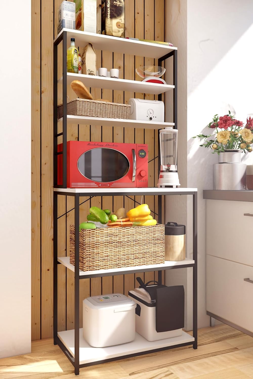 Bakers Rack with Power Outlet, coffee bar cabinet with 6 S hooks, 6 ...