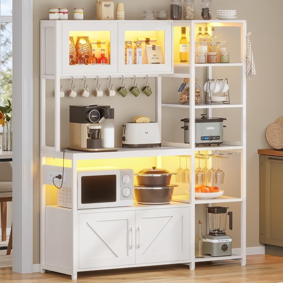 Bakers Rack with Power Outlets, 6-Tier Microwave Stand with LED Lights, 8-S Hooks & Goblet Holder for Kitchens, Coffee Bar Cabinet with Storage Cabinets & Spacious Desktop, White
