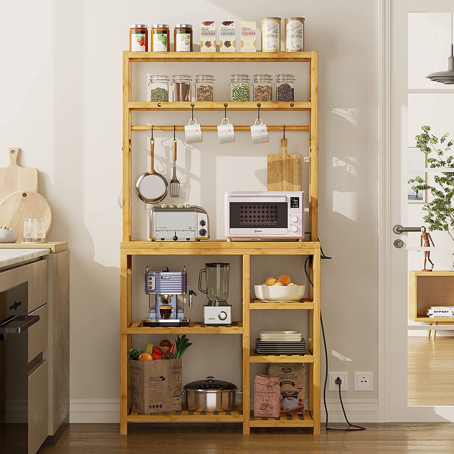 Bamboo 6-Tier Kitchen Baker's Rack with Power Outlets