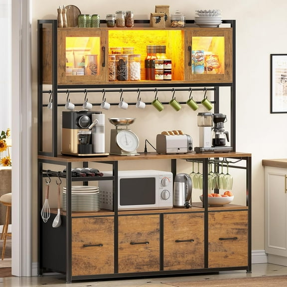 Bakers Rack with Storage, 47.2" Microwave Stand with Power Outlet and LED Light, Kitchen Coffee Bar Cabinet with Glass Door, 4 Drawer, Wine Rack, Goblet Holder and 12 Hooks, Rustic Brown