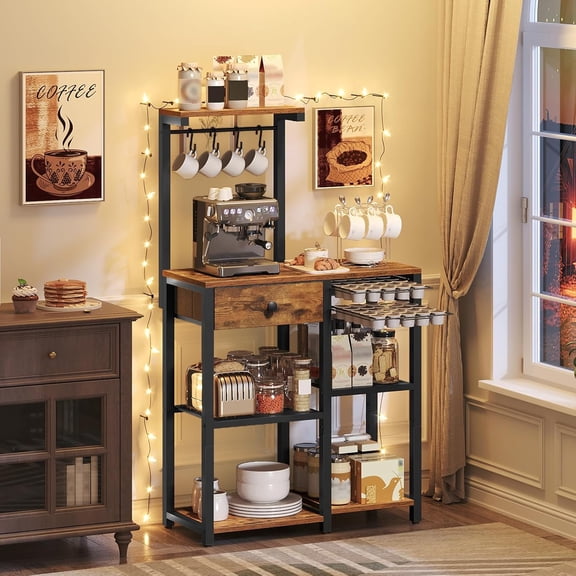 Bakers Rack with Storage, 5-Tier Coffee Bar Station with Drawer, Kitchen Coffee Stand with Pod Drawer Holder, for Living Room, Home Cafe, Kitchen, Rustic Brown KF60BRY1
