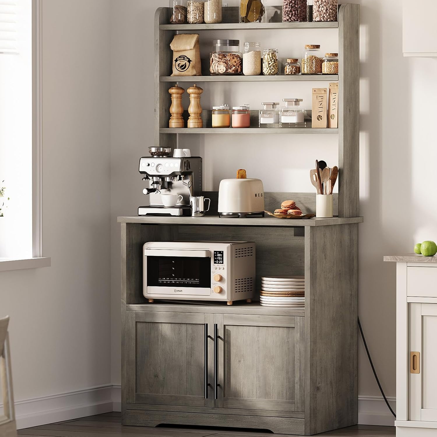 Bakers Rack With Storage Cabinet, Microwave Stand With Power Outlets ...