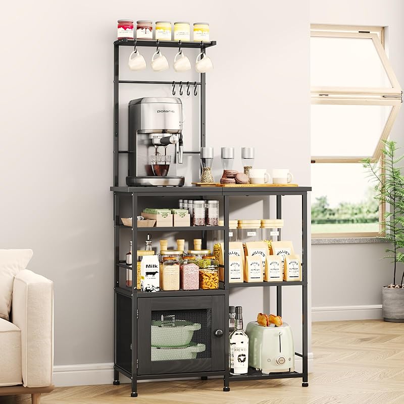 Bistro Racks Bakers Rack with Storage - Coffee Bar Cabinet Organizer with 8 Hooks ...