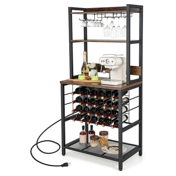 Bakers Rack with Storage Hutch, Power Outlet & USB Port, Coffee Bar 24-Bottle Wine Rack & Glass Holder, 4.9FT Power Cord, 4-Tier Microwave Stand, Industrial Kitchen Shelf