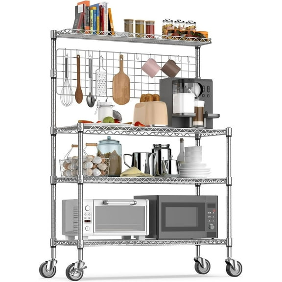 Bakers Rack with Storage & Wheels, 42 Inch Microwave Stand Kitchen Shelves, 4-Tier Heavy Duty Storage Rack with 20 S-Hooks, Commercial Metal Utility Kitchen Cart, 42 18 63 Inch, Chrome