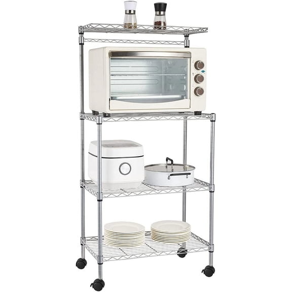 Bakers Rack with Wheels, Kitchen Microwave Cart with Storage, 4 Tier Height Adjustable Wire Rolling Cart for Spices, Pots, Pans, Charcoal, 24 x 14 x 48 Inches