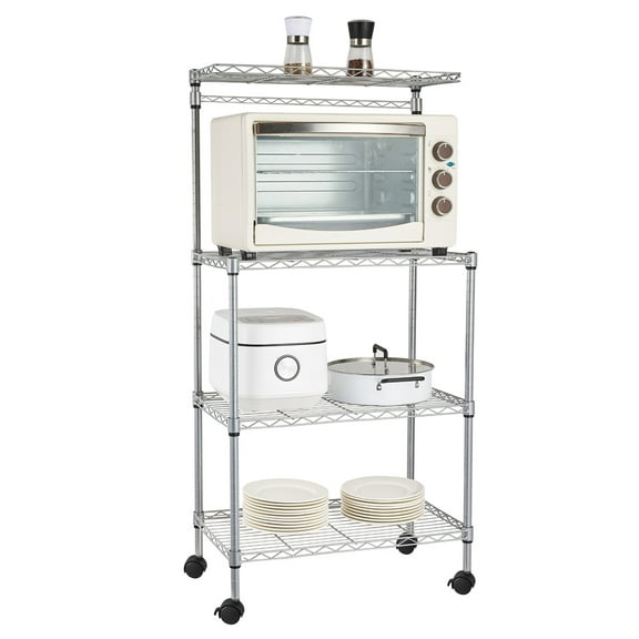 Bakers Rack with Wheels, Kitchen Microwave Cart with Storage, 4 Tier Height adjustable Wire Rolling Cart for Spices, Pots, Pans, Charcoal, 24 x 14 x 48 Inches