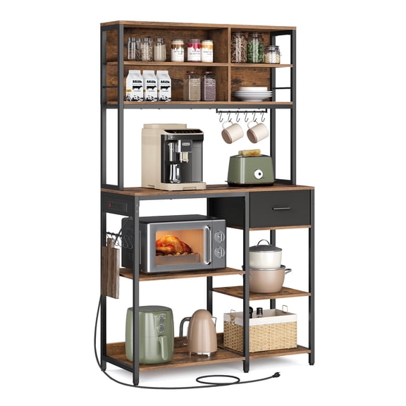 Bakers Rack with Charging Station, Coffee Bar Stand with Adjustable Shelves, Rustic Brown