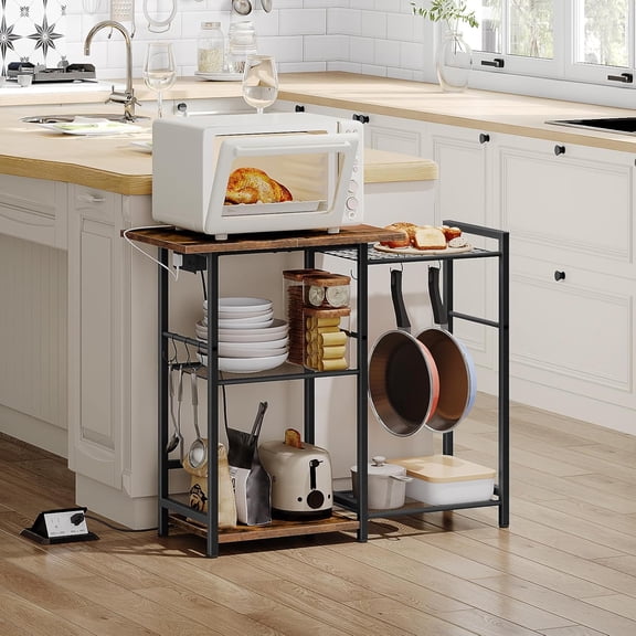 Bakers Rack with Charging Station, Microwave Stand, Coffee  Storage, Black and Rustic Brown